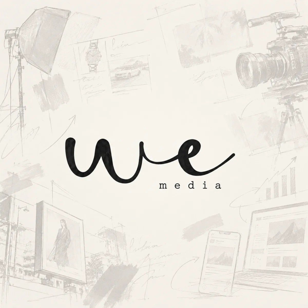 WE Media logo surrounded by sketches of a camera, studio light, storyboards, a billboard and digital screens
