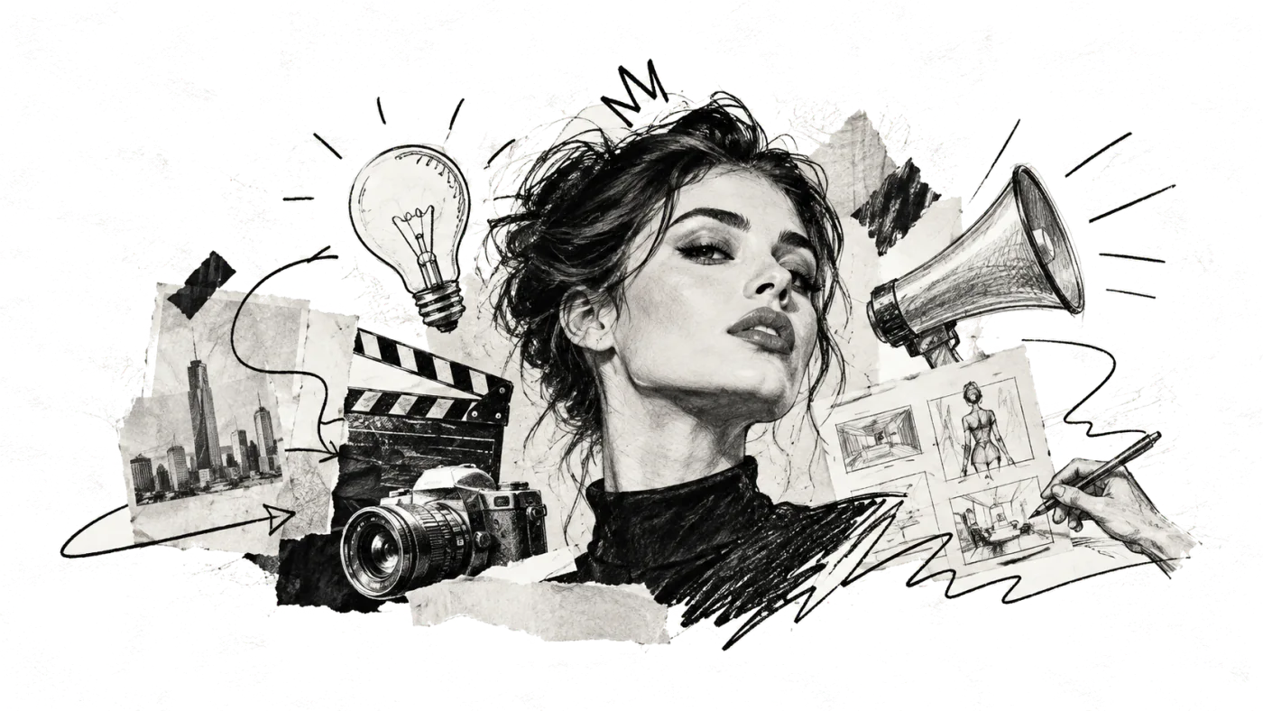 Sketch collage of a model surrounded by a camera, clapperboard, light bulb, megaphone and storyboards